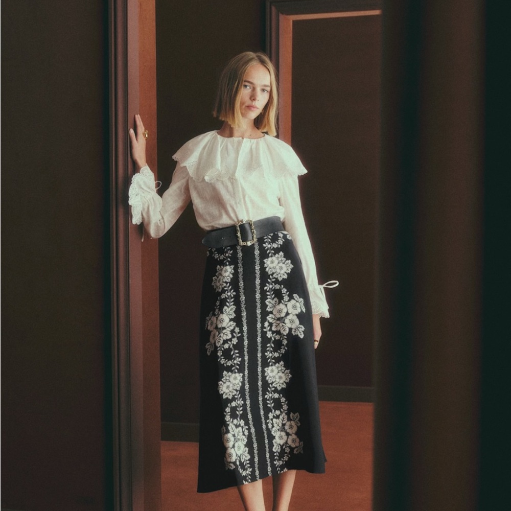 Sezane Orland Elegant Black Floral Skirt